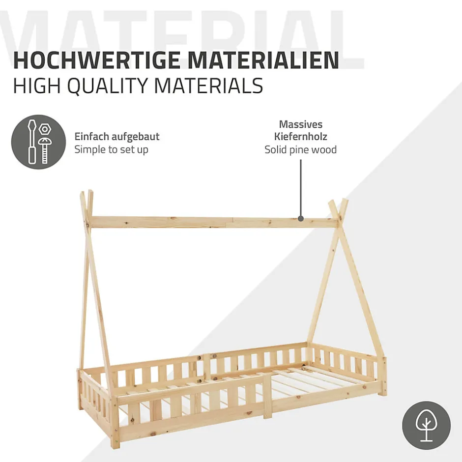 Enfant Ml-Design Lit d'enfant Tipi 90x200 cm naturel cadre en bois de pin style indien avec matelas H:10 cm
