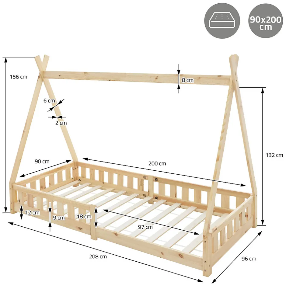 Enfant Ml-Design Lit d'enfant Tipi 90x200 cm naturel cadre en bois de pin style indien avec matelas H:10 cm
