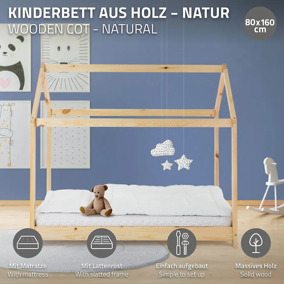 Enfant Ml-Design Lit d'enfant 80x160 cm naturel en bois de pin massif style maison avec sommier et matelas