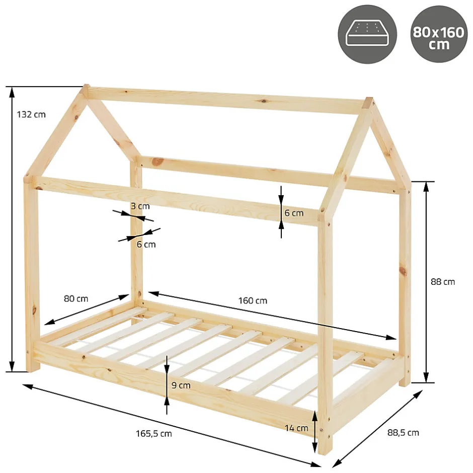 Enfant Ml-Design Lit d'enfant 80x160 cm naturel en bois de pin massif style maison avec sommier et matelas