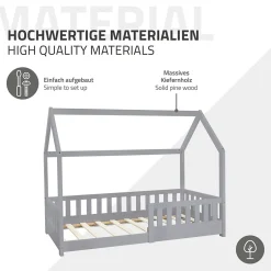 Ml-Design Lit d'enfant 80x160 cm gris clair bois de pin massif style maison avec sommier et matelas Hot