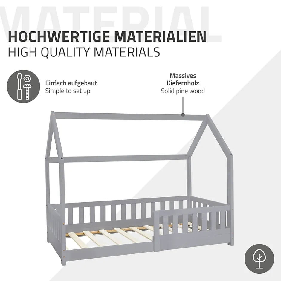 Ml-Design Lit d'enfant 80x160 cm gris clair bois de pin massif style maison avec sommier et matelas Hot