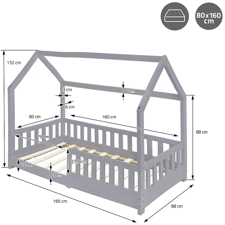 Ml-Design Lit d'enfant 80x160 cm gris clair bois de pin massif style maison avec sommier et matelas Hot