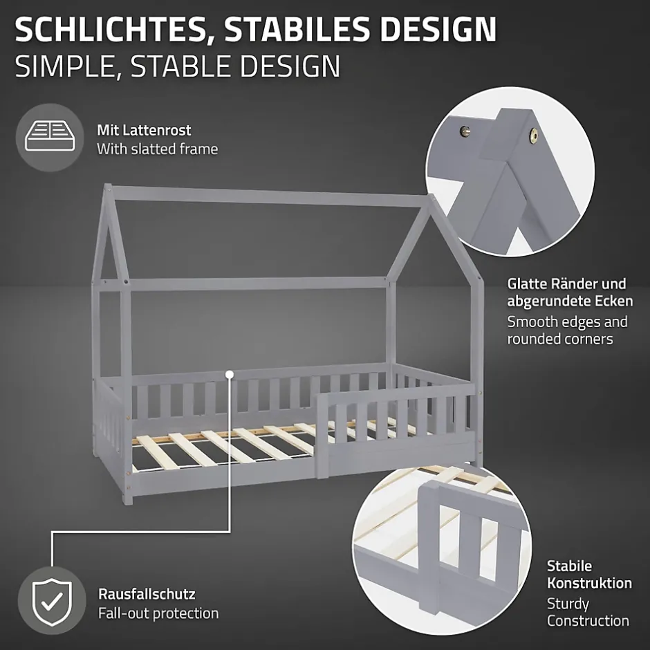 Ml-Design Lit d'enfant 80x160 cm gris clair bois de pin massif style maison avec sommier et matelas Hot