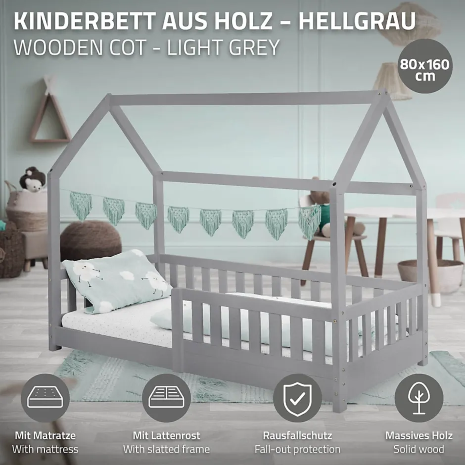 Ml-Design Lit d'enfant 80x160 cm gris clair bois de pin massif style maison avec sommier et matelas Hot