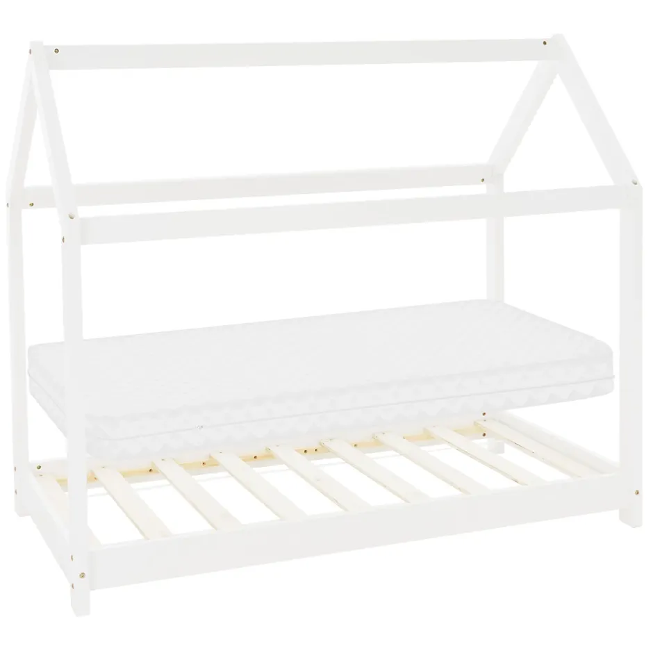 Ml-Design Lit d'enfant 70x140 cm blanc en bois de pin massif style maison avec sommier et matelas Sale