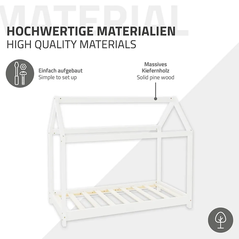 Ml-Design Lit d'enfant 70x140 cm blanc en bois de pin massif style maison avec sommier et matelas Sale