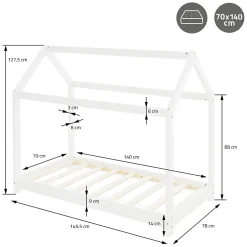 Ml-Design Lit d'enfant 70x140 cm blanc en bois de pin massif style maison avec sommier et matelas Sale