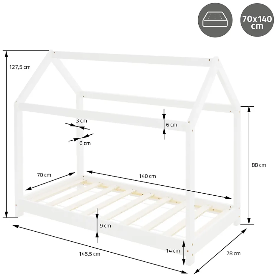 Ml-Design Lit d'enfant 70x140 cm blanc en bois de pin massif style maison avec sommier et matelas Sale