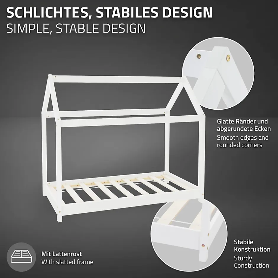 Ml-Design Lit d'enfant 70x140 cm blanc en bois de pin massif style maison avec sommier et matelas Sale