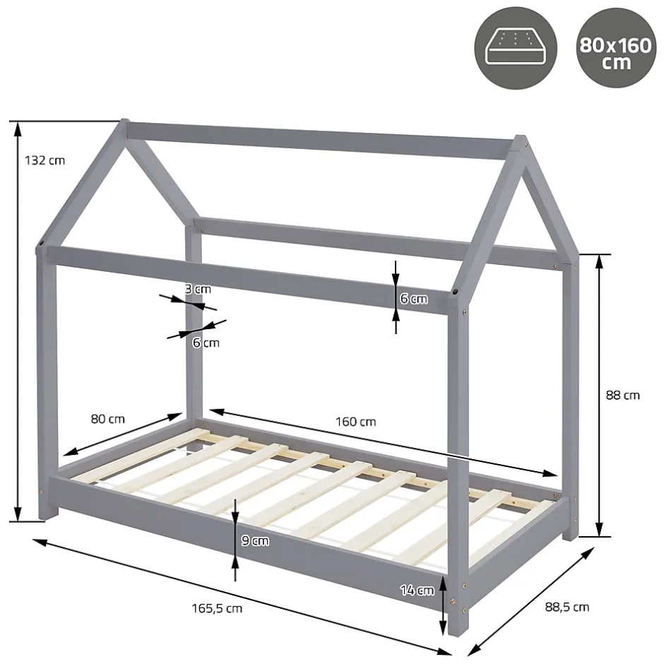 Ml-Design Lit d'enfant 90x200 cm gris clair bois de pin massif style maison avec sommier et matelas