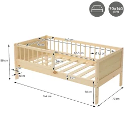 Ml-Design Lit d'enfant 70x140 cm simple naturel en bois de pin avec sommier à lattes sans matelas
