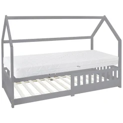 Ml-Design Lit d'enfant 90x200 cm gris clair en bois de pin massif style maison avec matelas H:16 cm Sale