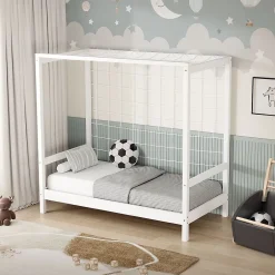 Ml-Design Lit d'enfant 70x140 cm blanc en bois de pin avec but de football et sommier à lattes Online