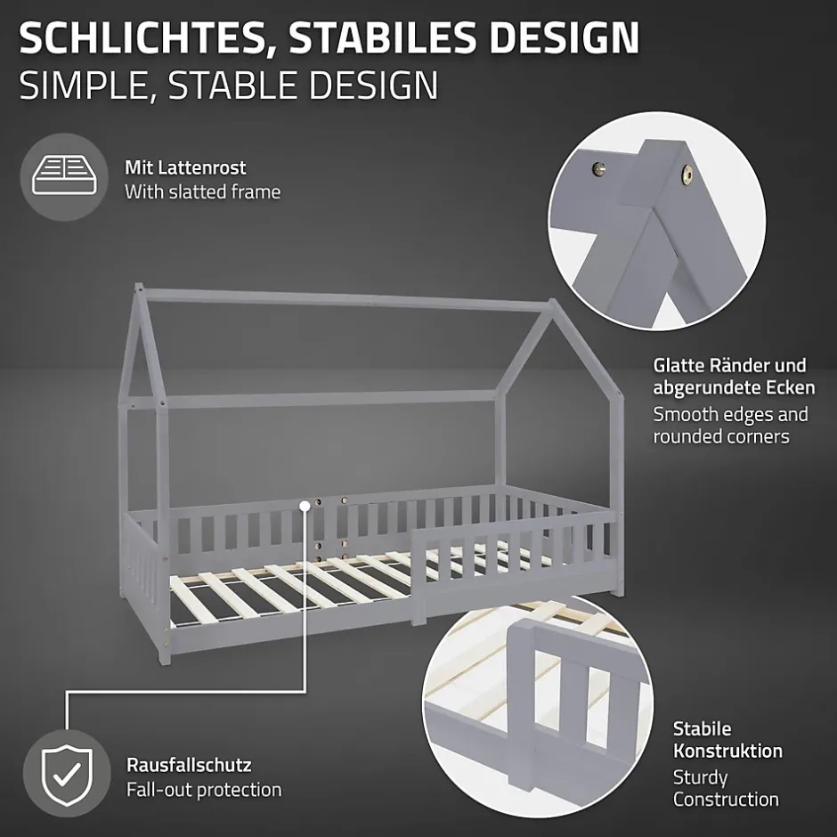 Ml-Design Lit d'enfant 90x200 cm gris clair en bois de pin massif style maison avec matelas H:10 cm New
