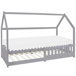 Ml-Design Lit d'enfant 90x200 cm gris clair en bois de pin massif style maison avec matelas H:10 cm New
