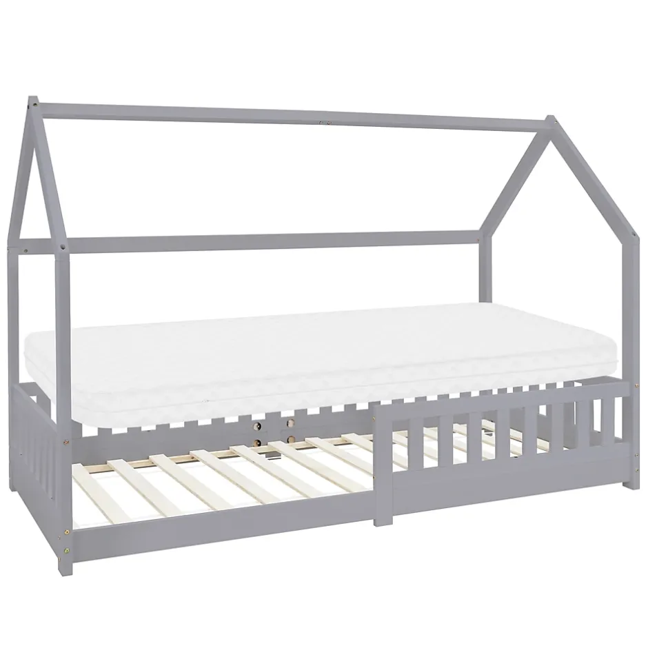 Ml-Design Lit d'enfant 90x200 cm gris clair en bois de pin massif style maison avec matelas H:10 cm New