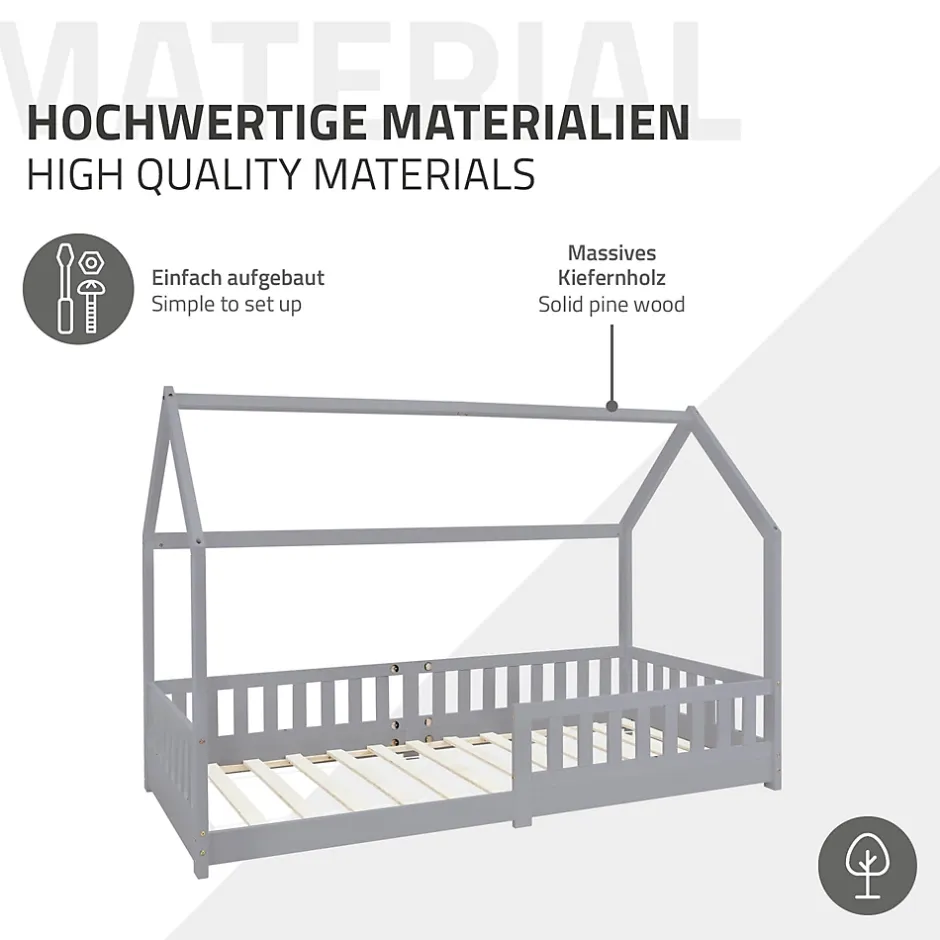 Ml-Design Lit d'enfant 90x200 cm gris clair en bois de pin massif style maison avec matelas H:10 cm New