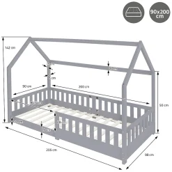 Ml-Design Lit d'enfant 90x200 cm gris clair en bois de pin massif style maison avec matelas H:10 cm New