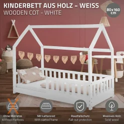 Enfant Ml-Design Lit d'enfant 160x80 cm blanc en bois de pin avec toit et sommier protection contre chutes