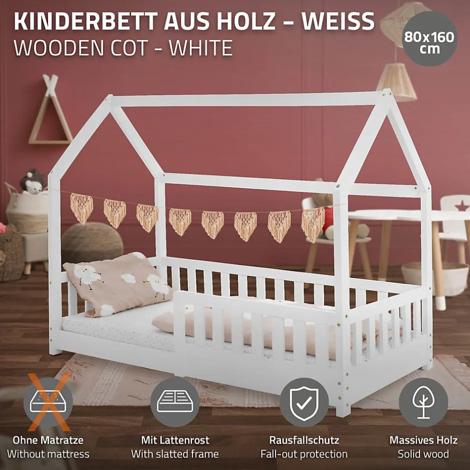 Enfant Ml-Design Lit d'enfant 160x80 cm blanc en bois de pin avec toit et sommier protection contre chutes