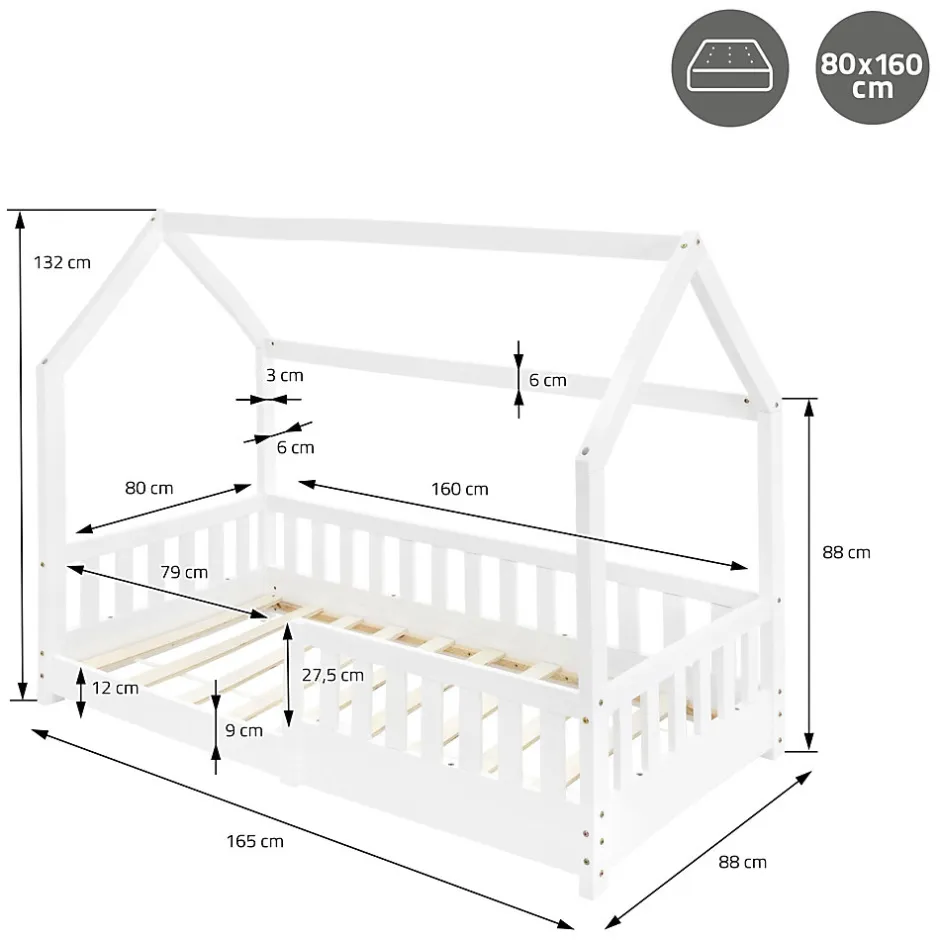 Enfant Ml-Design Lit d'enfant 160x80 cm blanc en bois de pin avec toit et sommier protection contre chutes