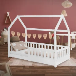 Enfant Ml-Design Lit d'enfant 160x80 cm blanc en bois de pin avec toit et sommier protection contre chutes