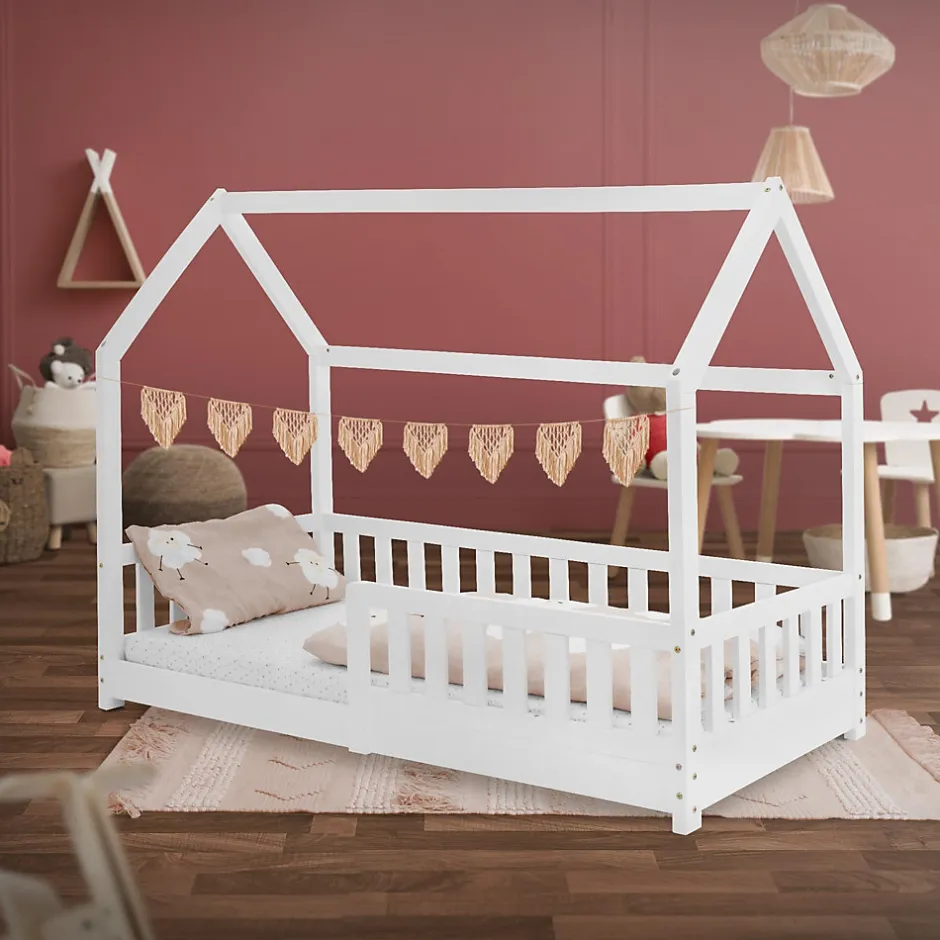 Enfant Ml-Design Lit d'enfant 160x80 cm blanc en bois de pin avec toit et sommier protection contre chutes