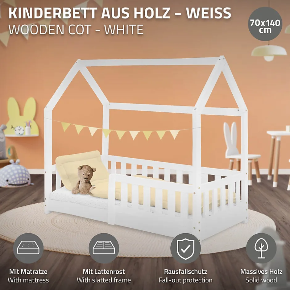 Enfant Ml-Design Lit d'enfant 70x140 cm blanc en bois de pin massif style maison avec sommier et matelas