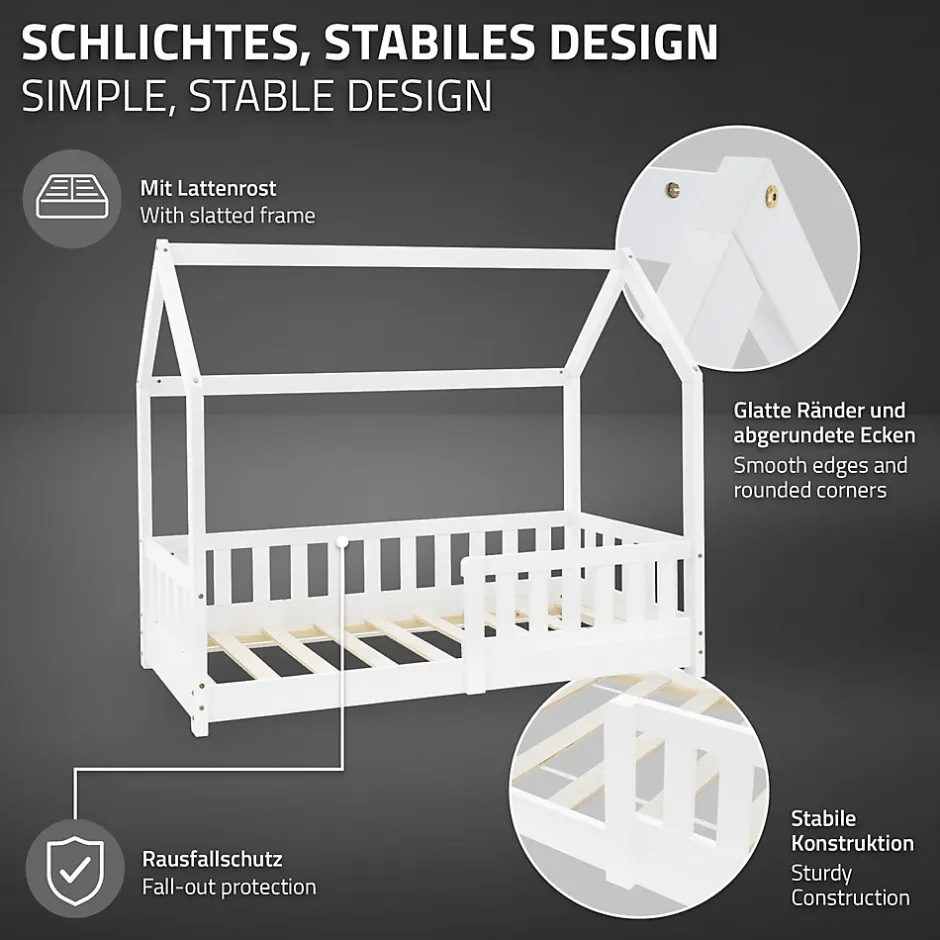 Enfant Ml-Design Lit d'enfant 70x140 cm blanc en bois de pin massif style maison avec sommier et matelas