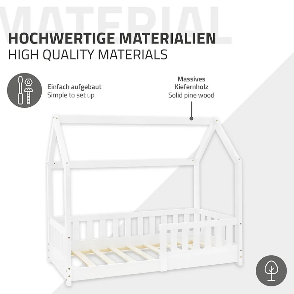 Enfant Ml-Design Lit d'enfant 70x140 cm blanc en bois de pin massif style maison avec sommier et matelas