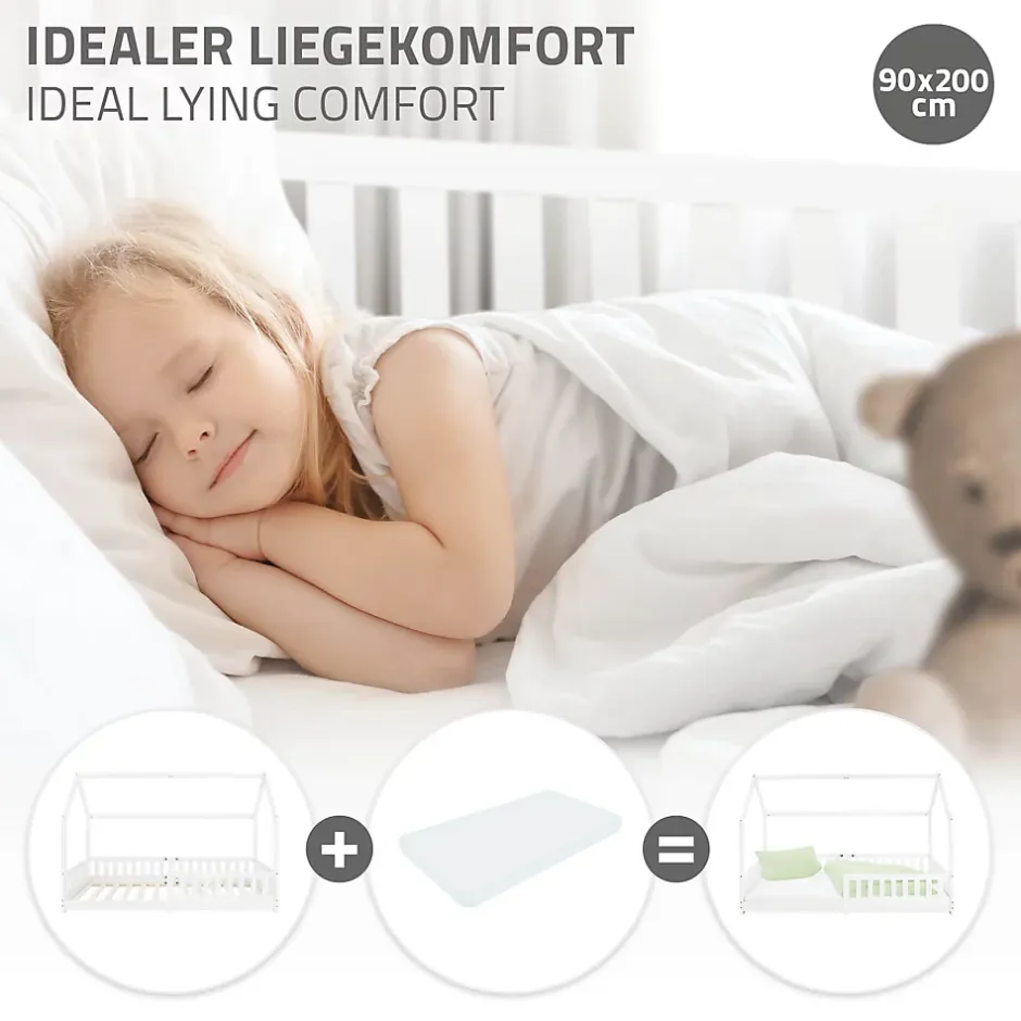 Ml-Design Lit d'enfant 90x200 cm blanc en bois de pin avec toit et sommier protection contre chutes