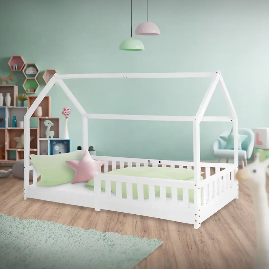 Ml-Design Lit d'enfant 90x200 cm blanc en bois de pin avec toit et sommier protection contre chutes