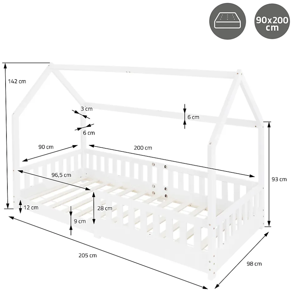 Ml-Design Lit d'enfant 90x200 cm blanc en bois de pin avec toit et sommier protection contre chutes