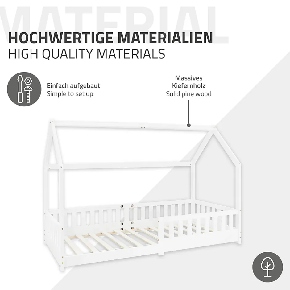Ml-Design Lit d'enfant 90x200 cm blanc en bois de pin avec toit et sommier protection contre chutes