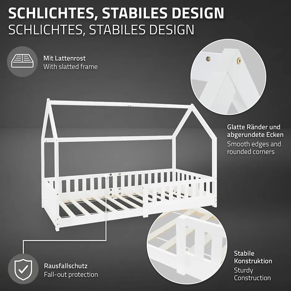 Ml-Design Lit d'enfant 90x200 cm blanc en bois de pin avec toit et sommier protection contre chutes