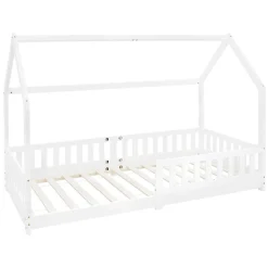 Ml-Design Lit d'enfant 90x200 cm blanc en bois de pin avec toit et sommier protection contre chutes