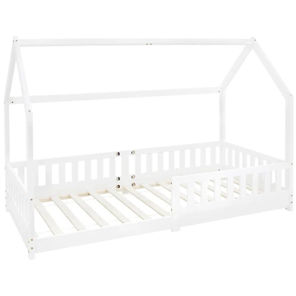 Ml-Design Lit d'enfant 90x200 cm blanc en bois de pin avec toit et sommier protection contre chutes