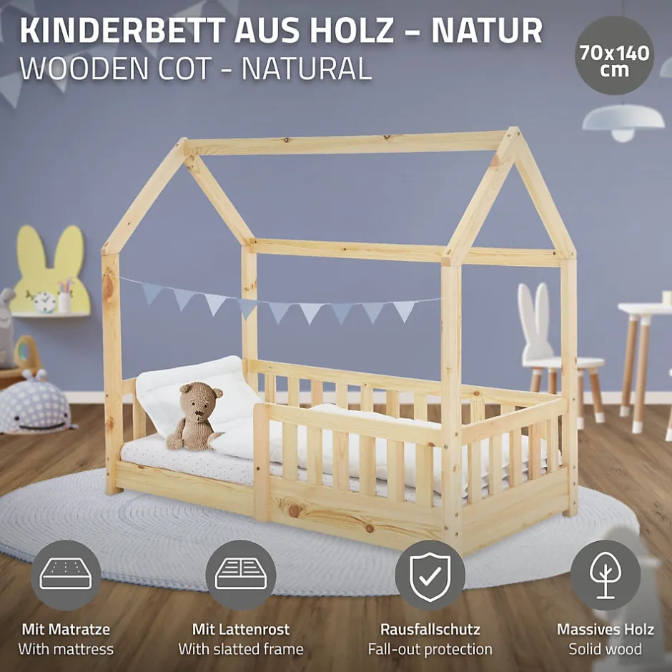 Enfant Ml-Design Lit d'enfant 70x140 cm naturel en bois de pin massif style maison avec sommier et matelas