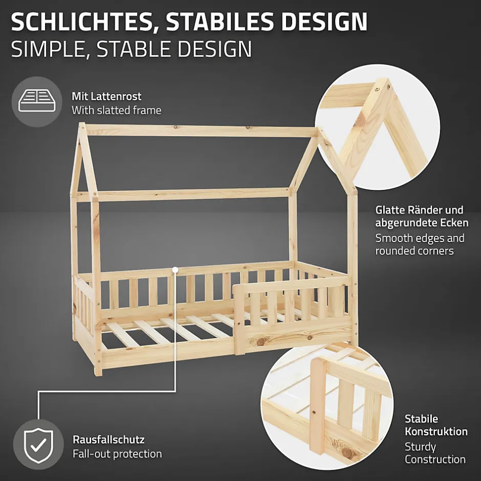 Enfant Ml-Design Lit d'enfant 70x140 cm naturel en bois de pin massif style maison avec sommier et matelas