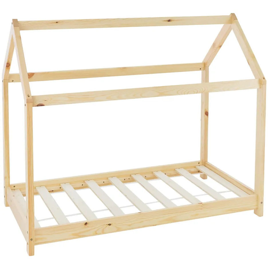 Enfant Ml-Design Lit d'enfant 70x140 cm naturel en bois de pin massif structure maison avec toit et sommier