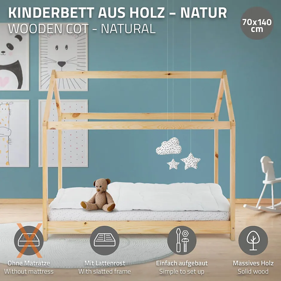 Enfant Ml-Design Lit d'enfant 70x140 cm naturel en bois de pin massif structure maison avec toit et sommier