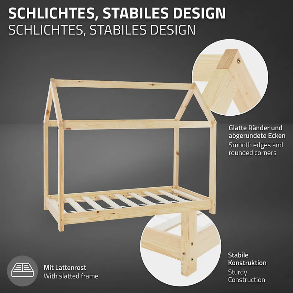 Enfant Ml-Design Lit d'enfant 70x140 cm naturel en bois de pin massif structure maison avec toit et sommier