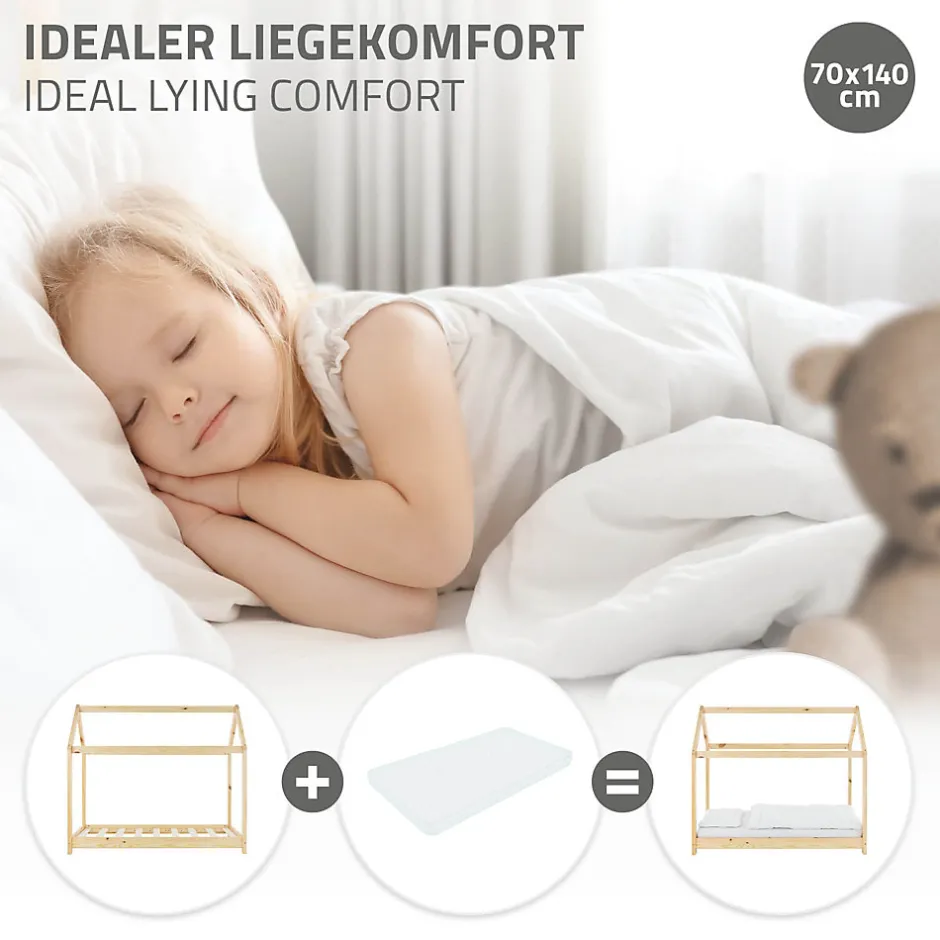 Enfant Ml-Design Lit d'enfant 70x140 cm naturel en bois de pin massif structure maison avec toit et sommier