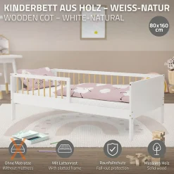 Ml-Design Lit d'enfant 80x160 cm blanc-naturel en bois de pin avec sommier à lattes sans matelas