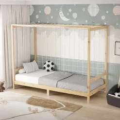Ml-Design Lit d'enfant 90x200 cm naturel beige bois de pin avec but de football et sommier à lattes Discount
