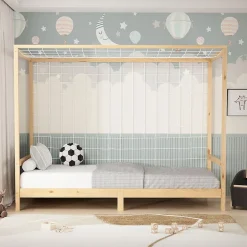 Ml-Design Lit d'enfant 90x200 cm naturel beige bois de pin avec but de football et sommier à lattes Discount