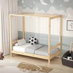 Ml-Design Lit d'enfant 70x140 cm naturel beige bois de pin avec but de football et sommier à lattes