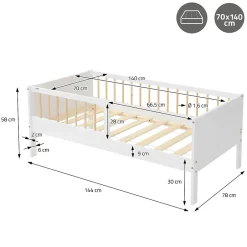 Ml-Design Lit d'enfant 70x140 cm blanc-naturel en bois de pin avec sommier à lattes sans matelas