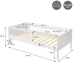 Ml-Design Lit d'enfant 80x160 cm simple blanc en bois de pin avec sommier à lattes sans matelas